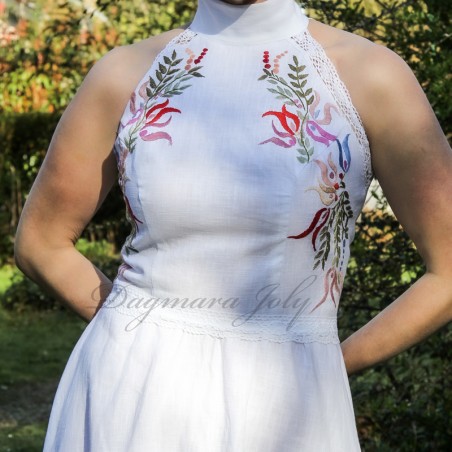 Detailed embroidery on minimalist white linen midi wedding dress