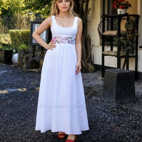 Floor-length embroidered linen wedding dress, handmade in France – front view showing full silhouette