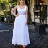 Floor-length embroidered linen wedding dress, handmade in France – front view showing full silhouette