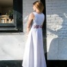 Back view of floor-length linen bridal gown with hand-embroidered details and made in France