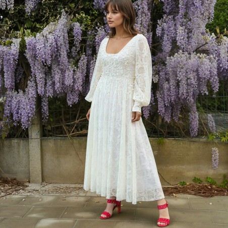 Front view of lace wedding midi dress with balloon sleeves, with hand-embellished lace and pearl details.