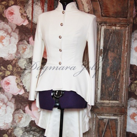 Asymmetrical ivory blazer with pleated peplum, collar officier, long sleeves, golden boutons, made in France