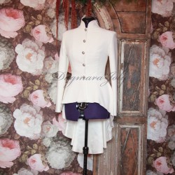 Asymmetrical ivory blazer with pleated peplum, collar officier, long sleeves, golden boutons, made in France