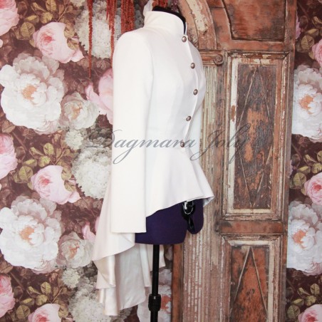 Asymmetrical ivory blazer with pleated peplum, collar officier, long sleeves, golden boutons, made in France