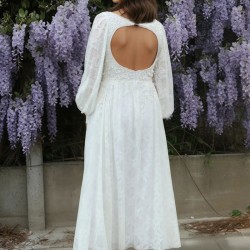 Robe de Mariée Midi en Dentelle à Dos Nu & Manches ballon