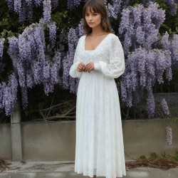 Robe de Mariée Midi en Dentelle à Dos Nu & Manches ballon