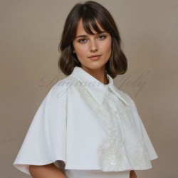 Couture wedding cape adorned with lace, sequins, crystals, and decorative tubes.