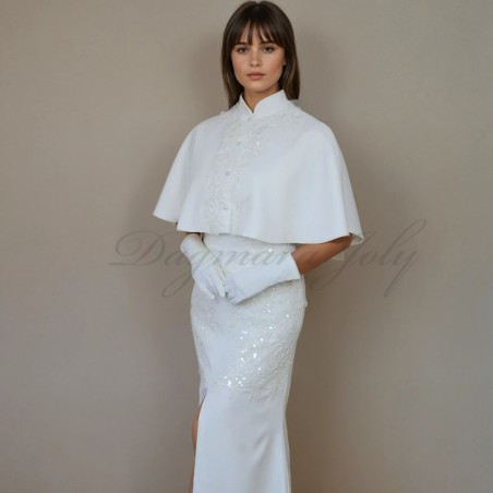 Elegant short wedding cape featuring intricate embroidery and beads.