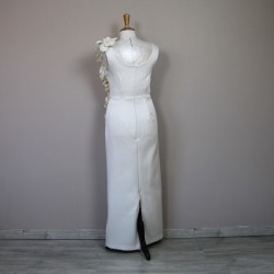 Back view of handmade French tube wedding dress with elegant square neckline and long flowing silhouette
