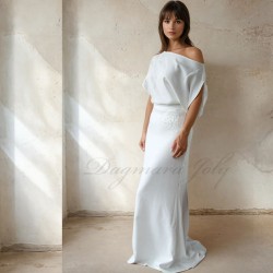 Front profile of sheath wedding gown showing train and form-fitting shape