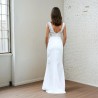 Back view of V-back wedding dress with lace and crystal embellishments