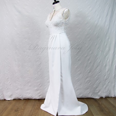 Beaded bridal dress on dummy – floor length gown with train and side slit