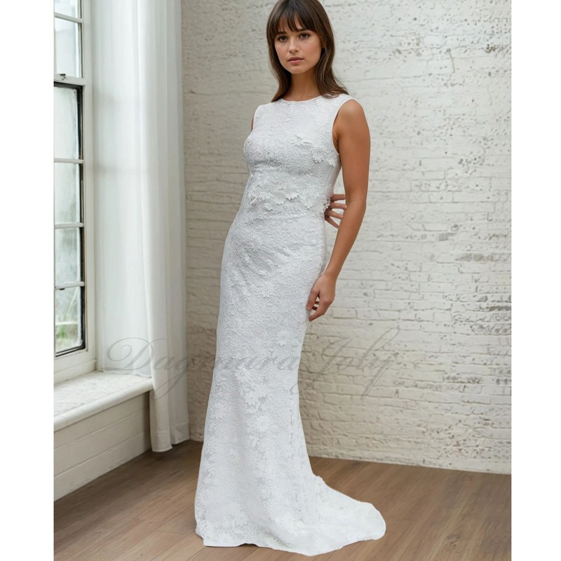 Front profile of a bride in a floor-length sheath lace dress