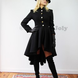 Black asymmetrical wool winter button down coat with officer collar for women