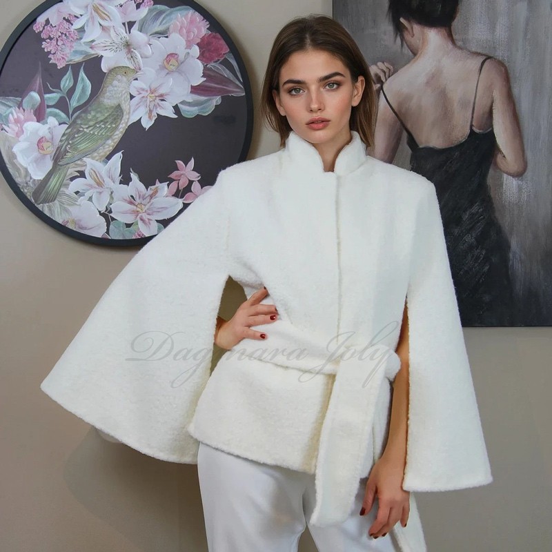 Modern ivory bridal cape with belt, handcrafted in France