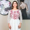Ivory floral guipure lace texture with hand-stitched embroidery