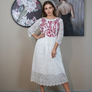 White guipure floral lace midi dress with 3/4 sleeves and hand embroidery – front view
