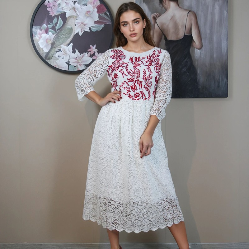 White guipure floral lace midi dress with 3/4 sleeves and hand embroidery – front view