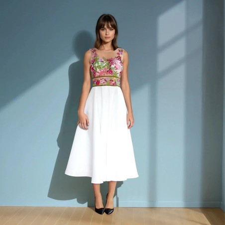 Full view of White hand-embroidered satin midi sleeveless dress