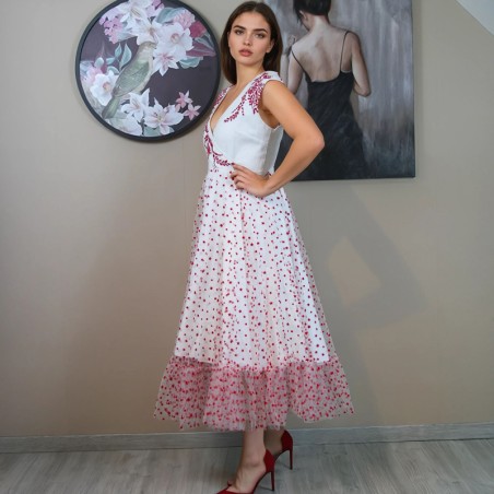 Sleeveless white linen wrap dress with tulle overlay and hand embroidery, midi flowy silhouette