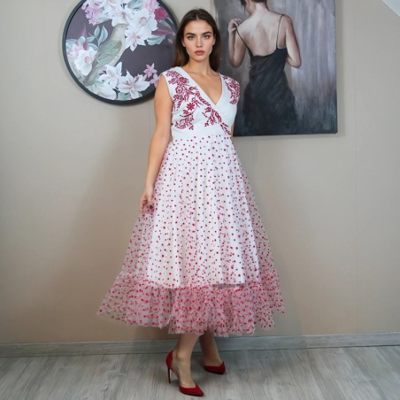 Hand-embroidered white linen and tulle wrap dress, full-circle midi design