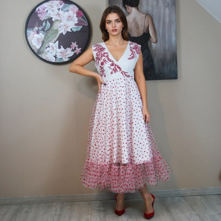 Elegant white sleeveless wrap dress with embroidered tulle skirt, midi length