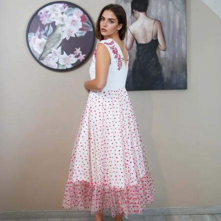 View of the back of White Midi sleeveless open back tulle wrap dress