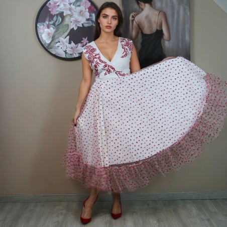 White Linen & Tulle Hand-Embroidered Sleeveless Wrap Dress – Midi Length, Full Circle