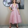 White tulle midi dress with red botanical hand embroidery