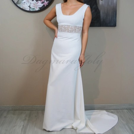 Full front view of wedding sheath dress with back train and Square neckline