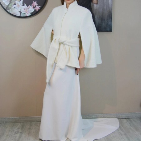 Modern elegant bridal gown handmade in France with train matching with bridal cape