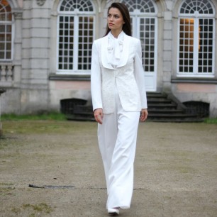 Women white tuxedo bridal pants suit with wide legged pants