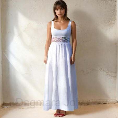 Robe de mariée longue en lin brodé – vue de face, confection artisanale en France