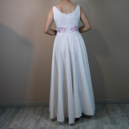 Back view of romantic long wedding dress with color embroidery