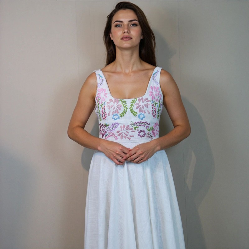 A bride wearing a floor length linen hand embroidered wedding dress standing gracefully