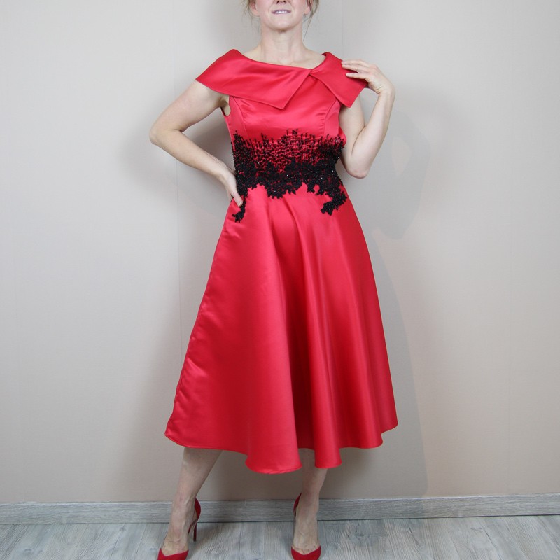 Red midi evening or cocktail dress hand embellished with couture ornaments