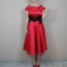 full front view of the red satin evening midi dress