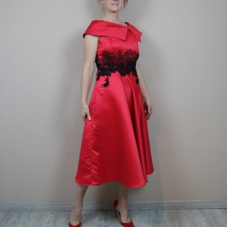 full view of the red satin evening or cocktail midi sleeveless dress