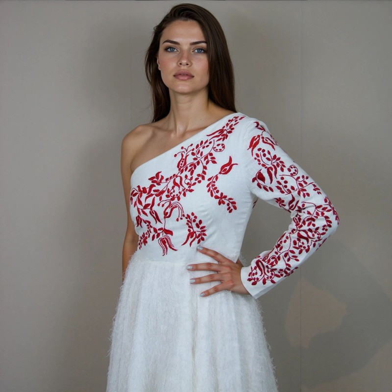 White one shoulder midi hand embroidered wedding dress