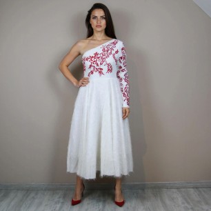 Full view of one shoulder midi hand embroidered wedding dress