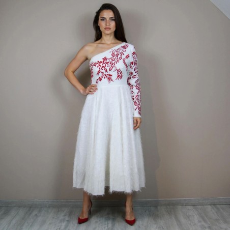 Full view of one shoulder midi hand embroidered wedding dress