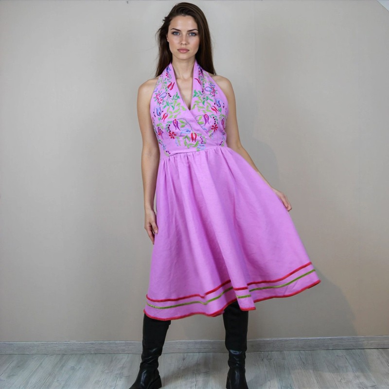 Handmade Hand-Embroidered Linen Midi Dress - Halter Neck, Open Back
