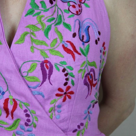 Detail of embroidery on breathable linen fabric