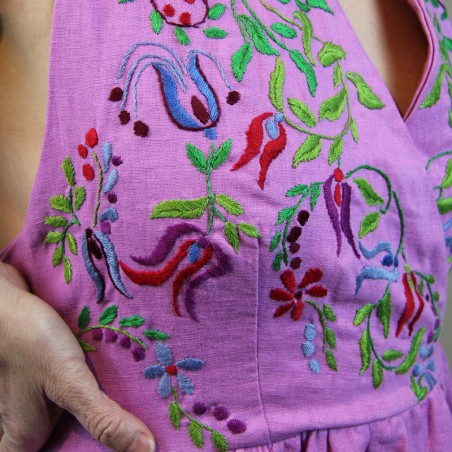 Detail of embroidery on breathable linen fabric