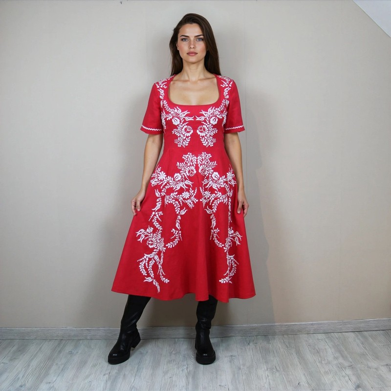 Hand-embroidered linen dress with deep scoop neckline