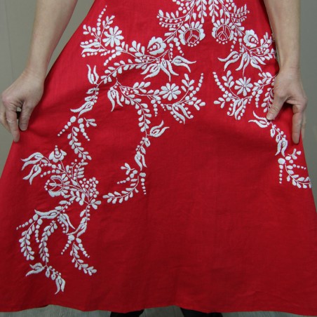 Close-up of hand embroidery on premium French linen