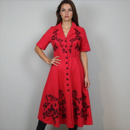 Women's hand-embroidered linen shirt dress in red