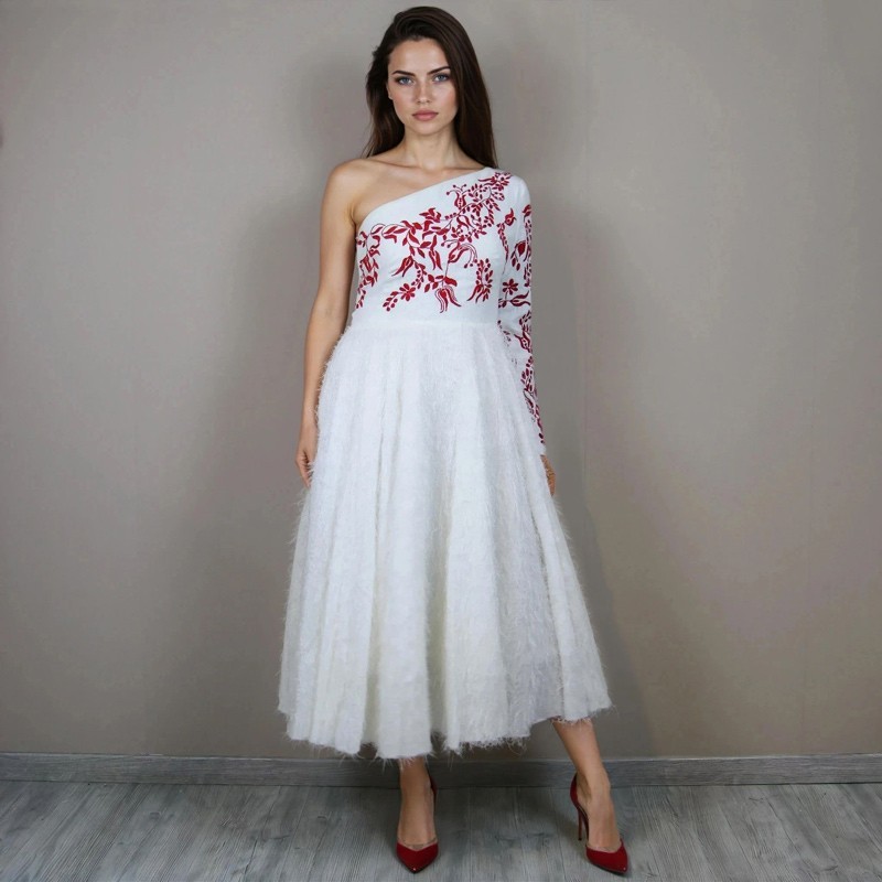 Full view of one shoulder midi hand embroidered bridal gown