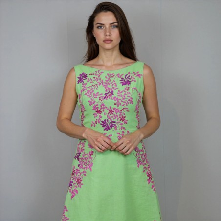 Short summer linen dress with handmade embroidery, sleeveless design and open back.