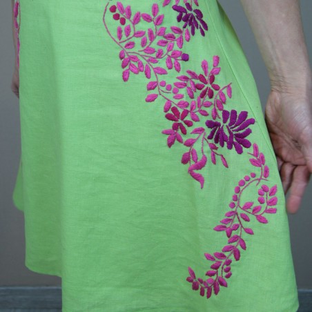 Short hand-embroidered linen dress made in France, summer silhouette with open back.